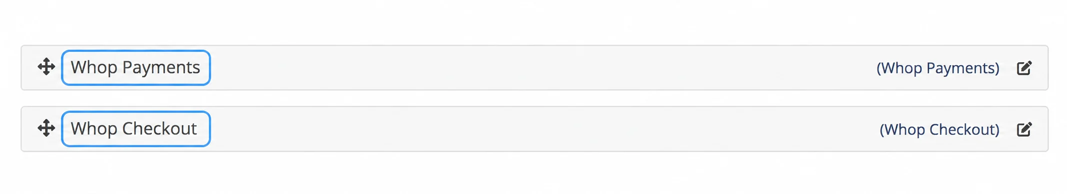 The WHMCS Payment Gateways list with Whop Payments and Whop Checkout both activated